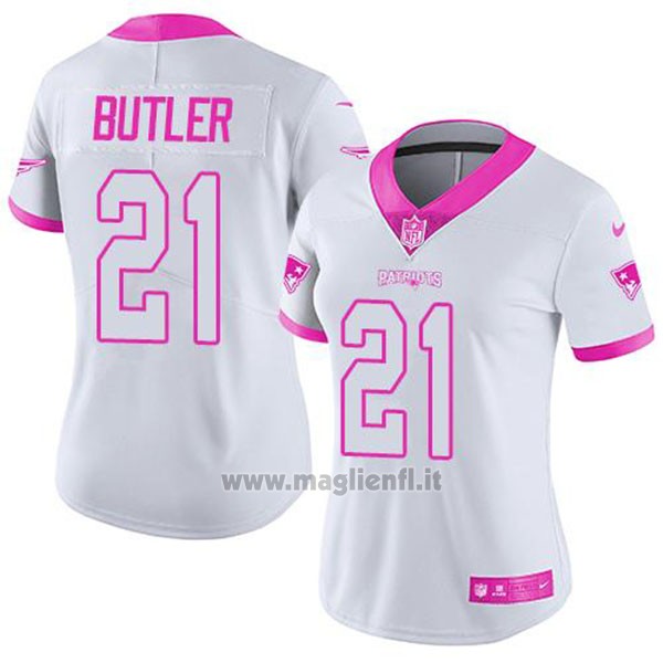 Maglia NFL Limited Donna New England Patriots 21 Malcolm Butler Bianco Rosa Stitched Rush Fashion